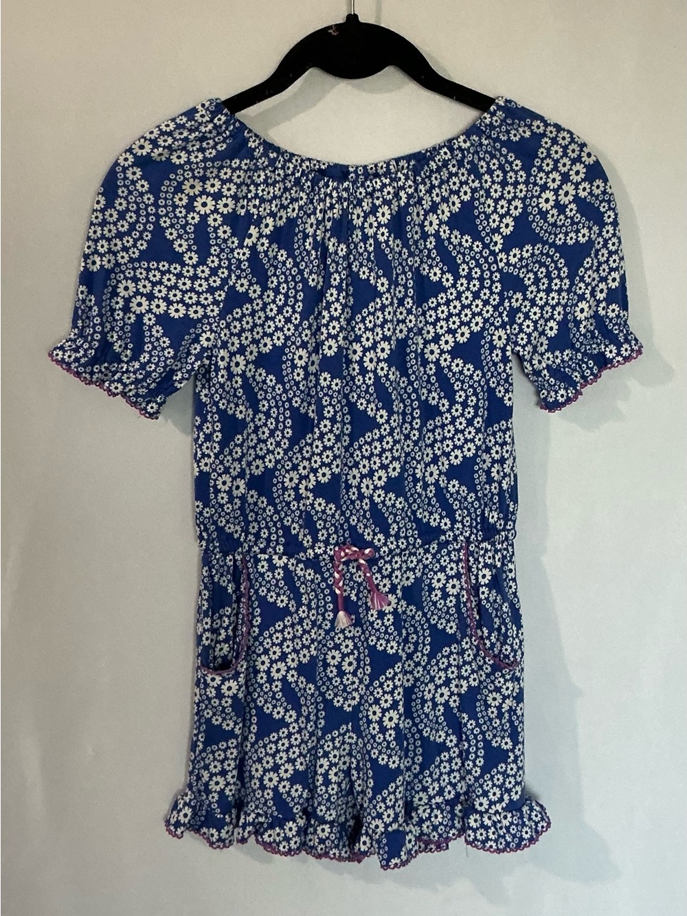 Mini Boden Girls Blue Daisy Floral Ruffle Playsuit Size 8-9Y
